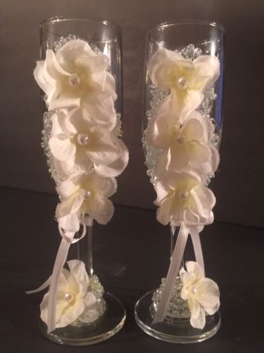 Floral Off White Wedding Party Reception Champagne Toasting Glasses Bride &Groom