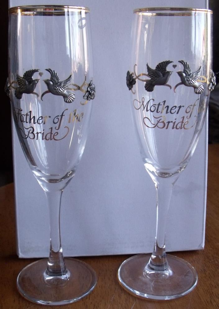 Beautiful Wedding Champagne Flutes Glasses Gold Lettering Pewter Trim