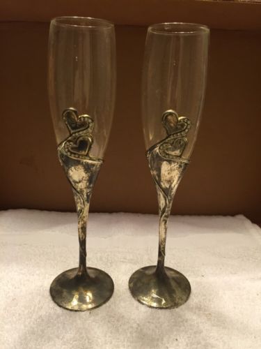 Pair Of Glass With Silver Plated Stems Champagne Flutes