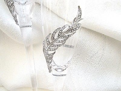 THINGS REMEMBERED SILVER FEATHER-SWAROVSKI CHAMPAGNE WEDDING FLUTES