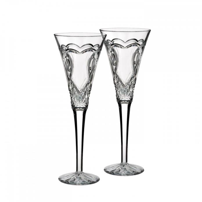 WATERFORD Crystal Wedding Toasting Flute Pair Hearts New # 162833 Love