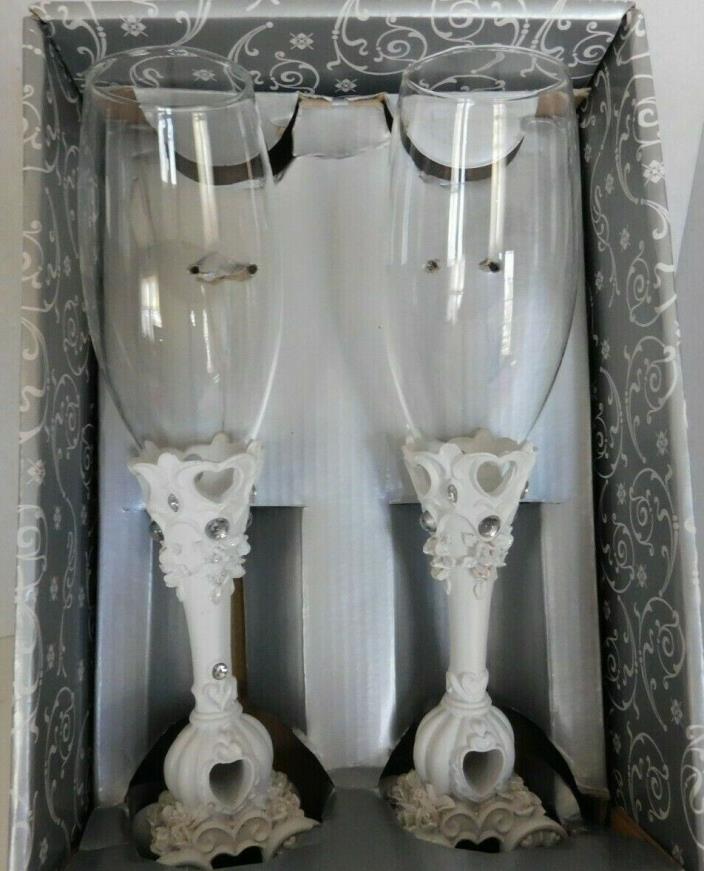 2 (Set) White Heart & Carriage Wedding Toasting Flute  Wedding Toasting Glasses
