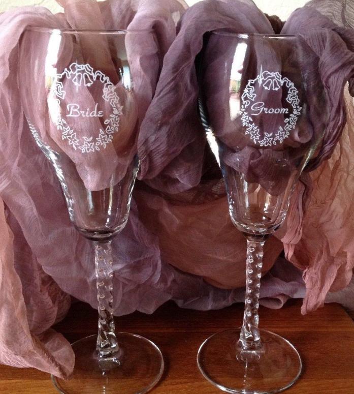 Vintage Crystal Bride And Groom Toasting Fluted Glasses with original box