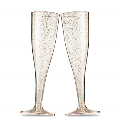 50 Gold Glitter Plastic Champagne Flutes ~ 5 Oz Clear Plastic Toasting Glasses ~