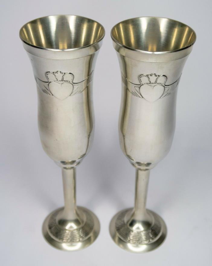 Ireland Mullingar Pewter Claddagh Champagne Flute Set - Heart For Love Free S&H