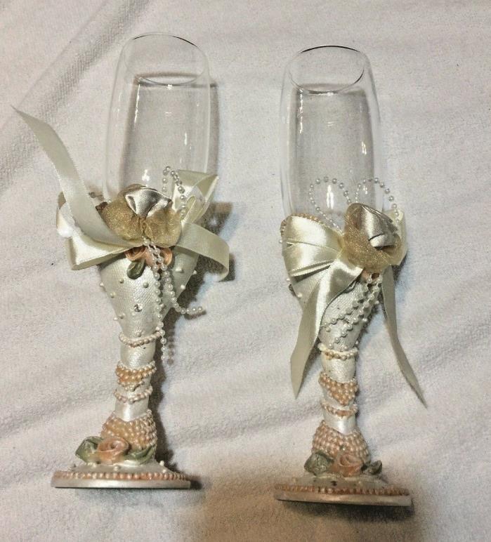 Vintage Victorian Wedding Glasses Set Champagne Flutes Roses Beads Resin Ribbon
