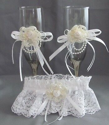 SMOKED BRIDE AND GROOM WEDDING TOAST GLASSES WITH GARTER NEW