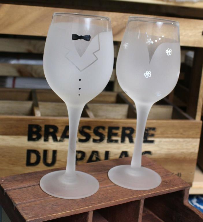 Bride and Groom Frosted Wine Toasting Goblets Tux and Gown Gift Keepsake