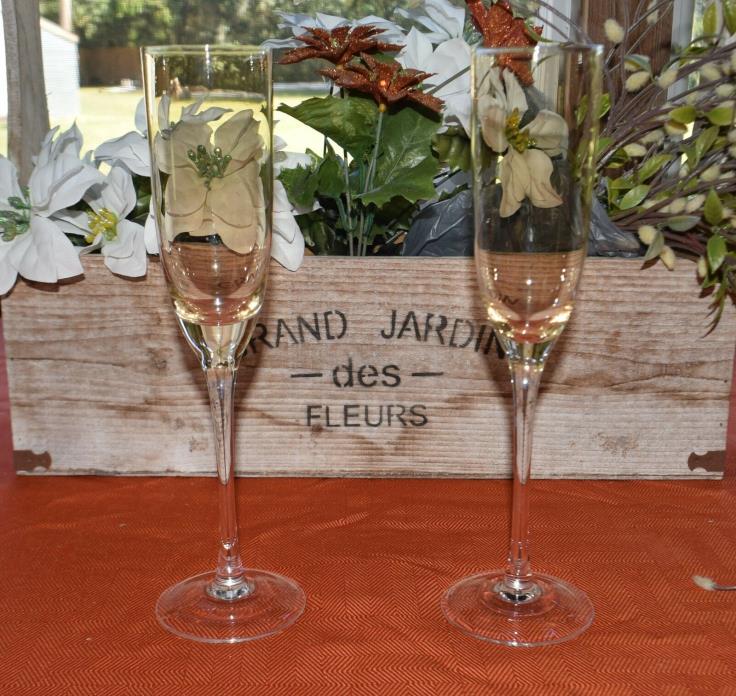 TWO LONG STEM CHAMPAGNE FLUTES GOLD WITH CLEAR STEM WEDDING ANNIVERSARY