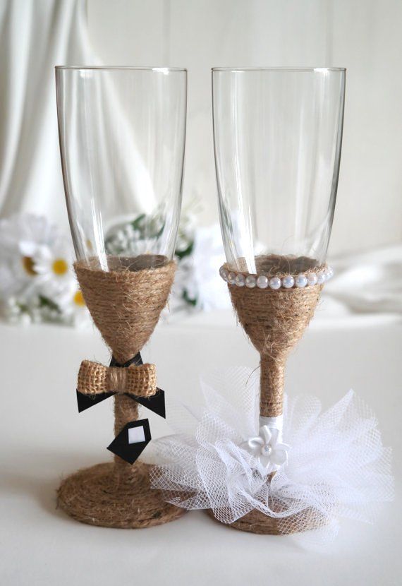 Rustic Wedding Champagne Glasses, Groom and Bride Wedding Glasses