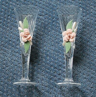 Crystal, Pearl and pink rose 8” wedding toasting champagne flute glasses