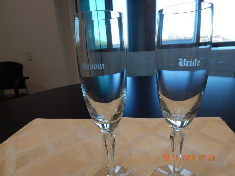 Vintage Bride and Groom lettered wedding toast champagne glasses
