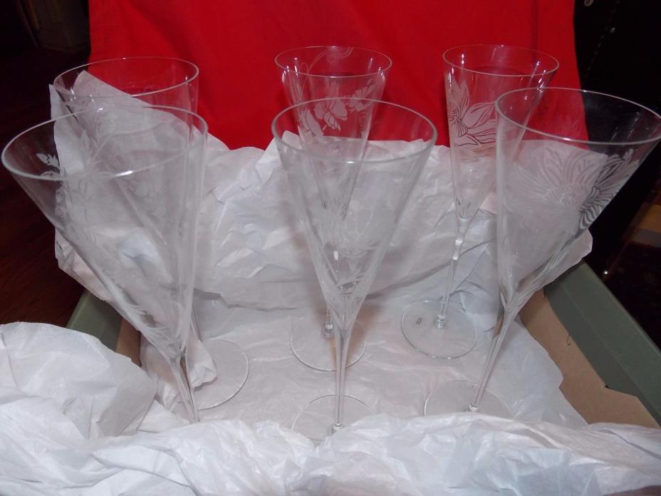 6 Etched Floral Champagne Toasting Flutes Made in Ireland