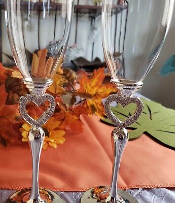 Champagne Flutes with Rhinestone Open Heart Detailed Stem