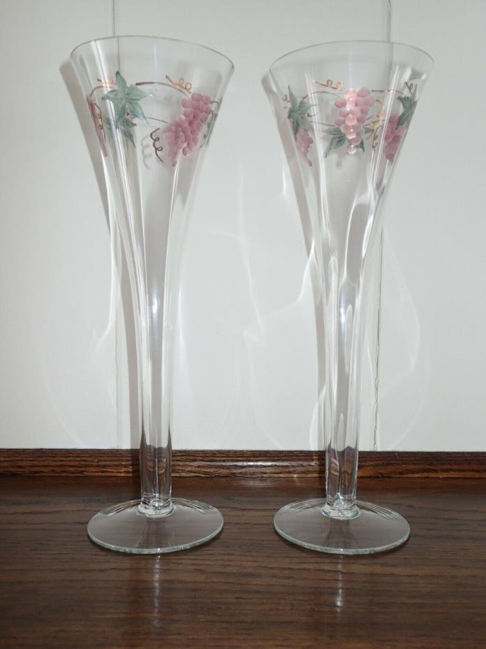 Champagne Flutes   Etched  With Hand Painted Accents - Set of Two - 11