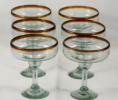 Amber Rim Margarita Glass Mexican Hand Blown Glasses Original Set 6 Mexico