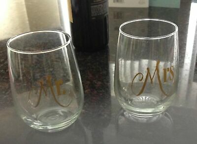 Mr. & Mrs. Wine Glass Set With Gift Box - Rich Gold Lettering on St... BRAND NEW