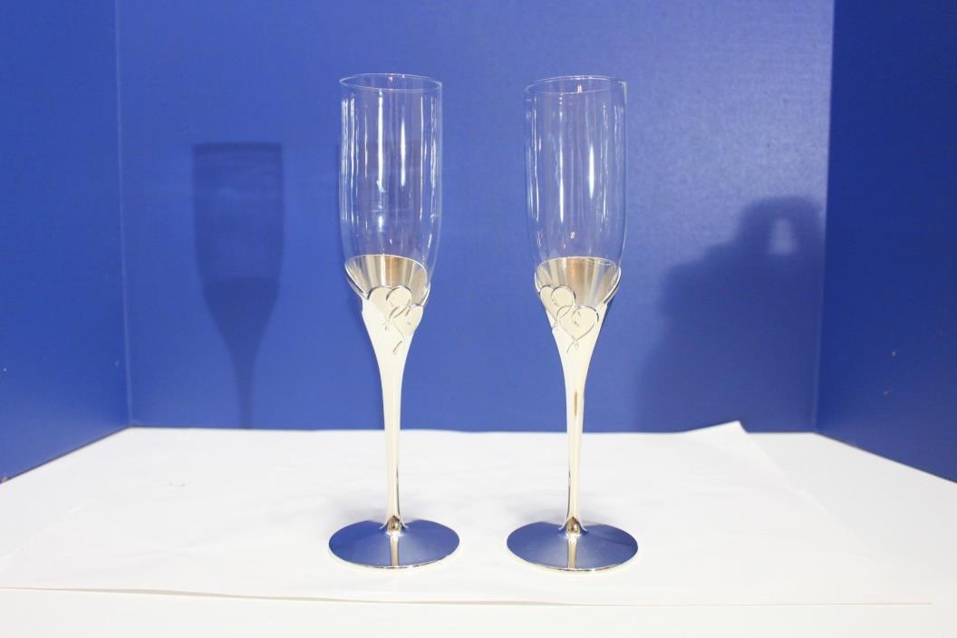 Lenox Wedding Toasting True Love Silverplate Flute Pair Wine Champagne Glasses
