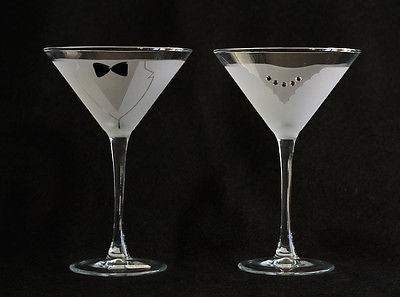 Bride & Groom Etched Martini Glasses Bow-Tie & Crystal Necklace Wedding Gift