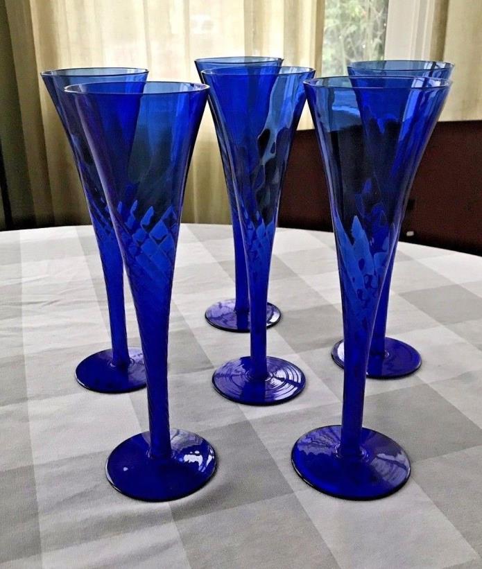 6 Cobalt Blue Glass Champagne Flutes Swirl Design Elegant Wedding Toast GORGEOUS