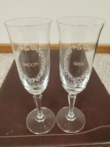 Precious Moments Bride & Groom Champagne Toasting Glasses New 24% Leaded Crystal