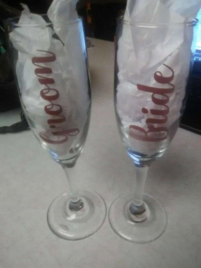 Bride and Groom Champagne Flutes With Rose Gold Font