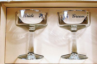 Vintage PAIR Traditional CUTLER Bride and Groom Champagne Glasses Platinum MINT!