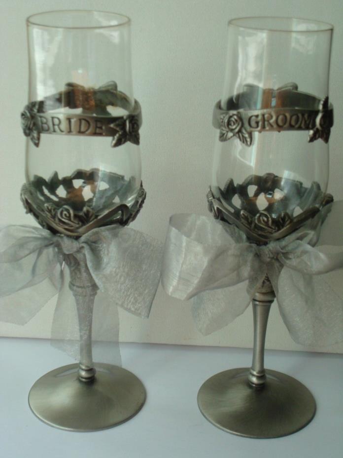 Pair of 9.5'' Tall Peuter Bride  & Groom Champagne Fluit, Glasses. FREE SHIPPING