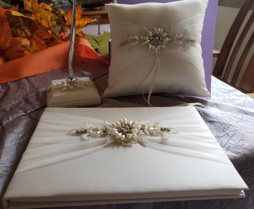 3 Piece Bridal Set: Guest Book, Pen Set and Ring Pillow