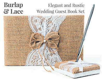 Rustic Wedding Guest Book Made of Burlap and Lace - Includes Matching Pen Holder
