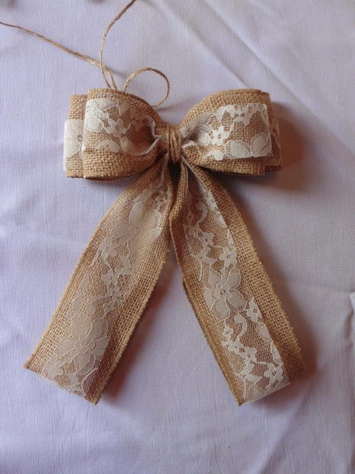 Handmade Burlap,Twine and Lace Bow, Wedding bow, shabby chic, wreath bow, rustic