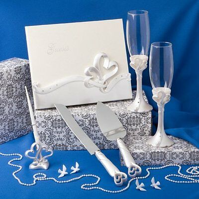 Interlocking Heart Themed Wedding Day Gift Flutes Guest Book Cake Knife Server