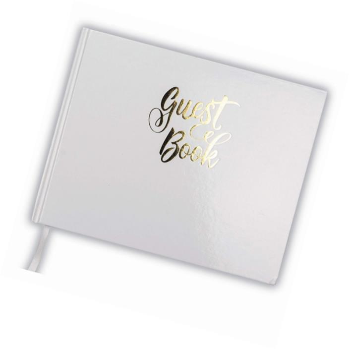 White Guest Book w Gold Foil, Guestbook Hardcover Lines For Name, Address, Notes