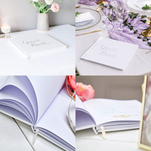 Blank Wedding Guest Book Guestbook White Paper with NO Lines - Silver Foil Stamp