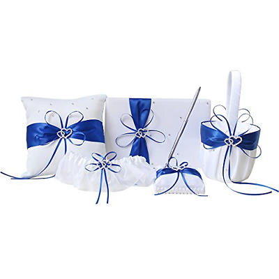 AmaJOY 5pcs Sets Wedding Guest Book + Pen Set + Flower Basket + Ring Pillow +