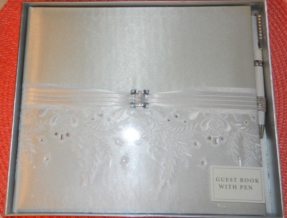 Hallmark White Wedding Guest Book & Pen Floral with Crystal Accent