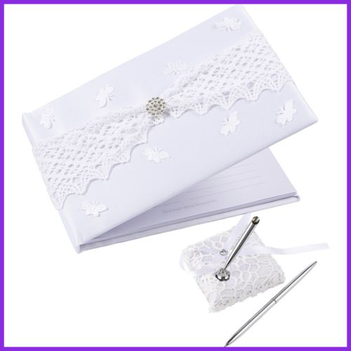 Wedding Guest Book 40 Pages W Pen & Holder WHITE Satin Lace Rhinestones Hardcove