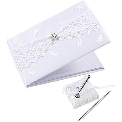 Wedding Guest Book, 40 Pages With Pen And Holder, White Satin Lace Rhinestones X