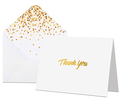 100 Thank You Cards with Envelopes - Thank You Notes, White & Gold Foil - Blank