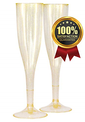 Plastic Champagne Flutes Gold Glitter 50pc ~5oz/130ml Disposable Plastic Wine -