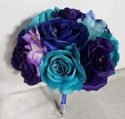 Peacock Purple Royal Blue Turquoise Sateen Rose Bridal Wedding Bouquet