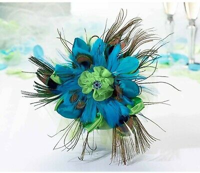 Peacock Rose Wedding Bouquet Feather Green Satin Middle Flower Decorated Sleek
