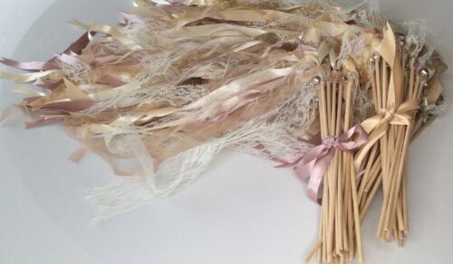 Pink Blush Ribbon Lace Bell Wood Wands Ribbon Wands Wedding Wand Lot Of 75