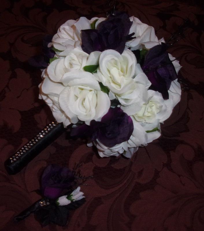 Wedding Bouquet Deep purple, white roses, satin handle with silver crystal