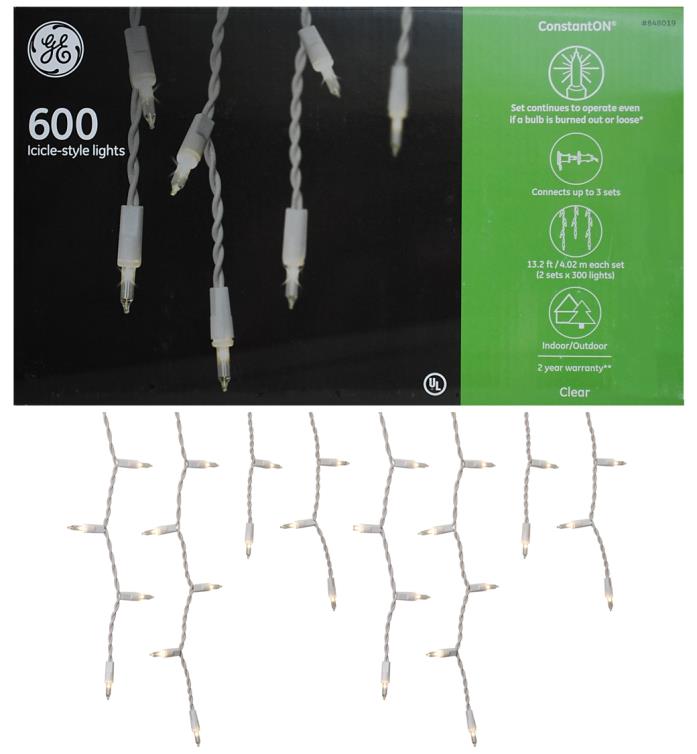 WEDDINGS & HOLIDAY GE ConstantON 600-CT CLEAR ICICLE-STYLE LIGHTS w/WHITE WIRE