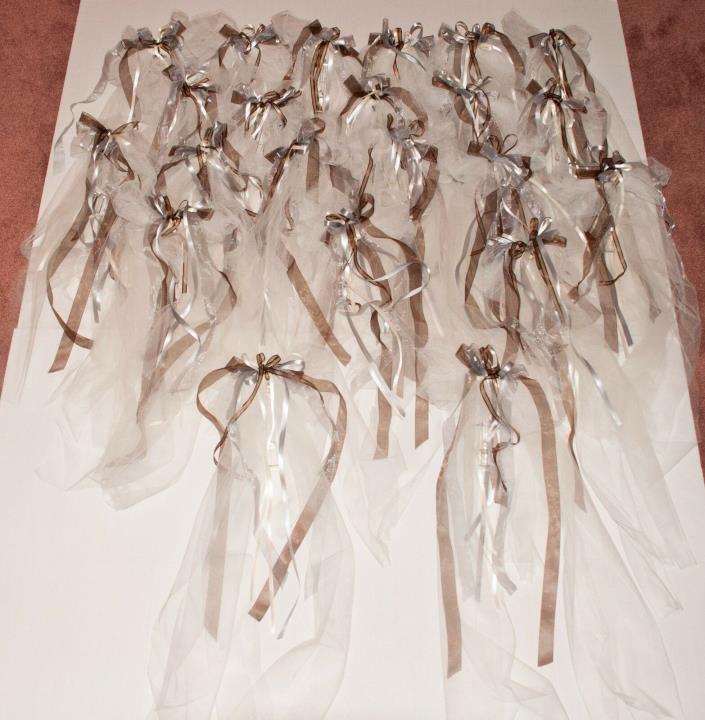 Set of 22 White Tulle PEW BOWS 24” w/ Satin & Mesh Ribbons includes HANGER CLIPS