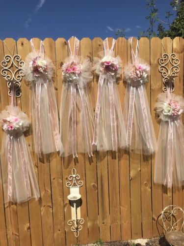 6 TULLE FLOWERS Pew BOWS BlUsh PINK & IVORY WEDDING BRIDE LONG Ivory