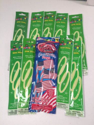 Glow Sticks DG Party 3 Pack Set Of 10 Total 33 Sticks Bonus Flags! 8” c6