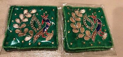 2 Pc Embroidered Gota Zari Silk Coin Pouch jewelry Indian Wedding Gift Bag Green