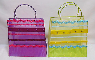WHIMSICAL HANDBAGS W/WIRE HANDLE PARTY DECOR - PURPLE/LIME/YELLOW - SET OF 2